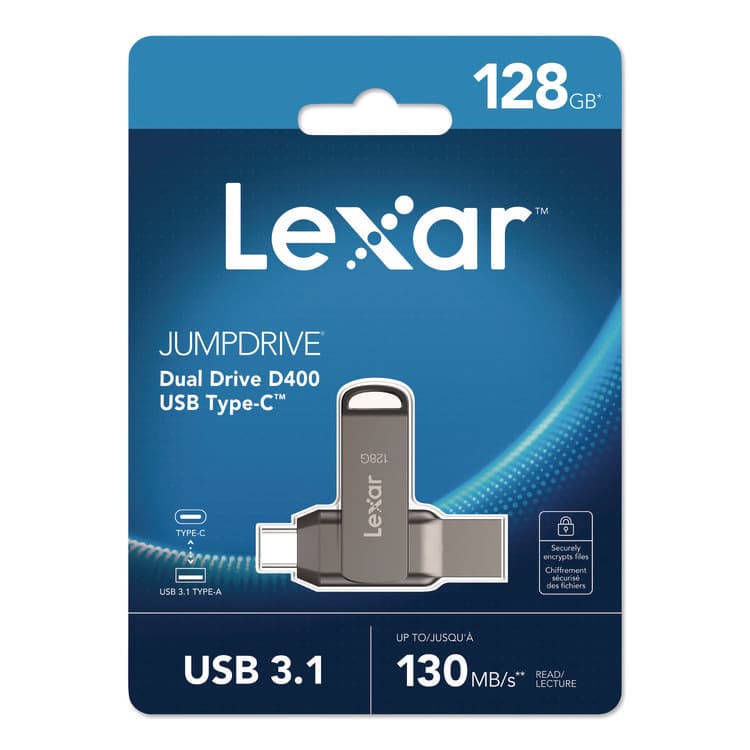 LEXAR MEDIA . JumpDrive D400 USB 3.1 Flash Drive, 128 GB, Titanium (LXRLJDD400128GB)