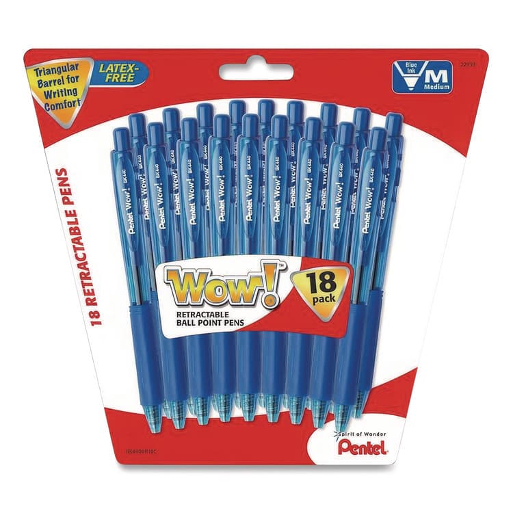 PENTEL OF AMERICA WOW! Ballpoint Pen, Retractable, Medium 0.7 mm, Blue Ink, Translucent Blue/Blue Barrel, 18/Pack (PENBK440BP18CPK)