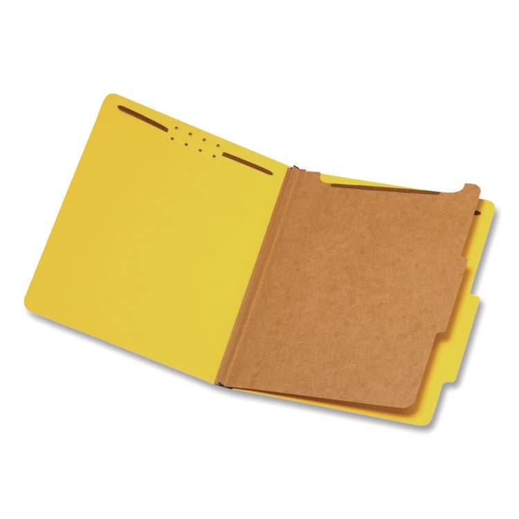 TOPS BUSINESS FORMS Reinforced Pressboard Classification Folders, 2/5-Cut Tab, Expands 1.75", 1 Divider, 4 Fasteners, Letter Size, Yellow, 10/Box (PFX23734)