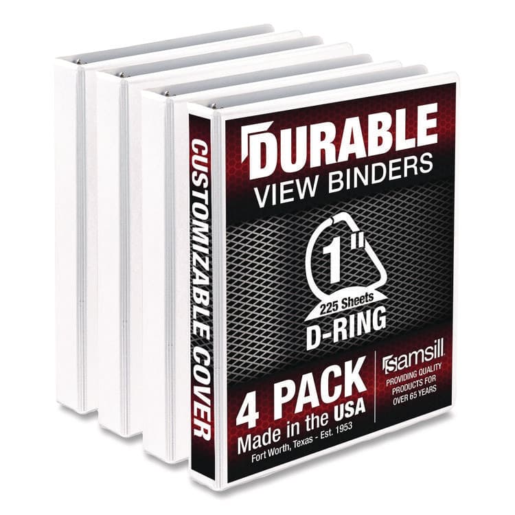 SAMSILL CORPORATION Durable D-Ring View Binders, 3 Rings, 1" Capacity, 11.5" x 8.5", White, 4/Pack (SAMMP46437)