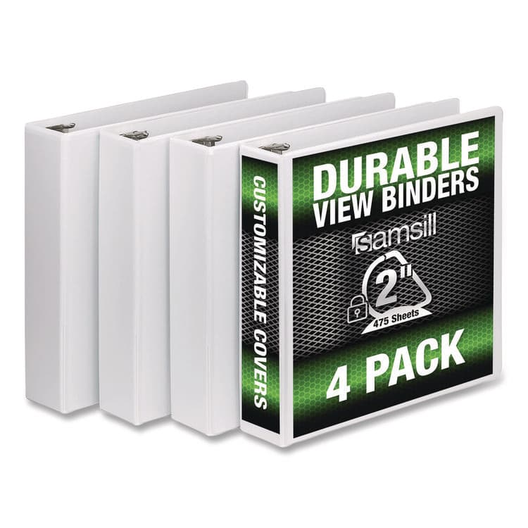 SAMSILL CORPORATION Durable D-Ring View Binders, 3 Rings, 2" Capacity, 11.5" x 8.5", White, 4/Pack (SAMS66467)