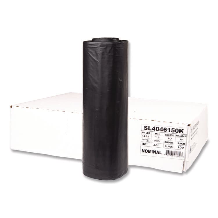 INTEGRATED BAGGING SYSTEMS Institutional Low-Density Can Liners, 45 gal, 1.5 mil, 40" x 46", Black, Interleaved Roll, 20 Bags/Roll, 5 Rolls/Carton (IBSSL4046150K)
