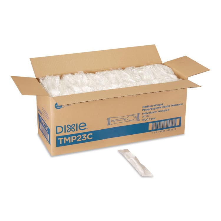 DIXIE FOOD SERVICE Mediumweight Polypropylene Cutlery, Individually Wrapped, Spoon, Plastic, White, 1,000/Carton (DXETMP23C)