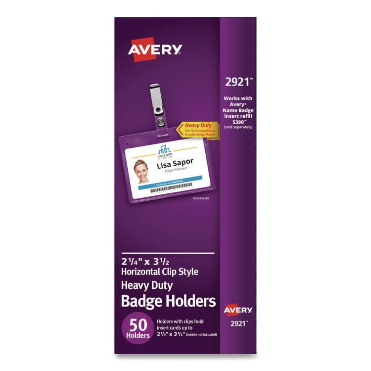 AVERY PRODUCTS CORPORATION Secure Top Clip-Style Badge Holders, Horizontal, 2 1/4 x 3 1/2, Clear, 50/Box (AVE2921)