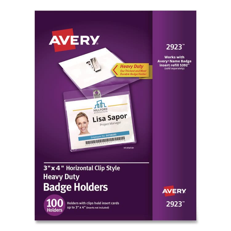 AVERY PRODUCTS CORPORATION Heavy-Duty Clip-Style Badge Holders, Horizontal, 4 x 3, Clear, 100/Box (AVE2923)