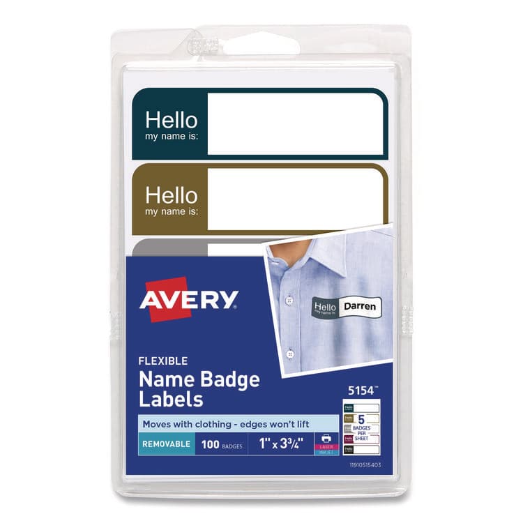 AVERY PRODUCTS CORPORATION Flexible Self-Adhesive Mini Name Badge Labels, 1 x 3.75, Hello, Assorted, 100/Pack (AVE5154)