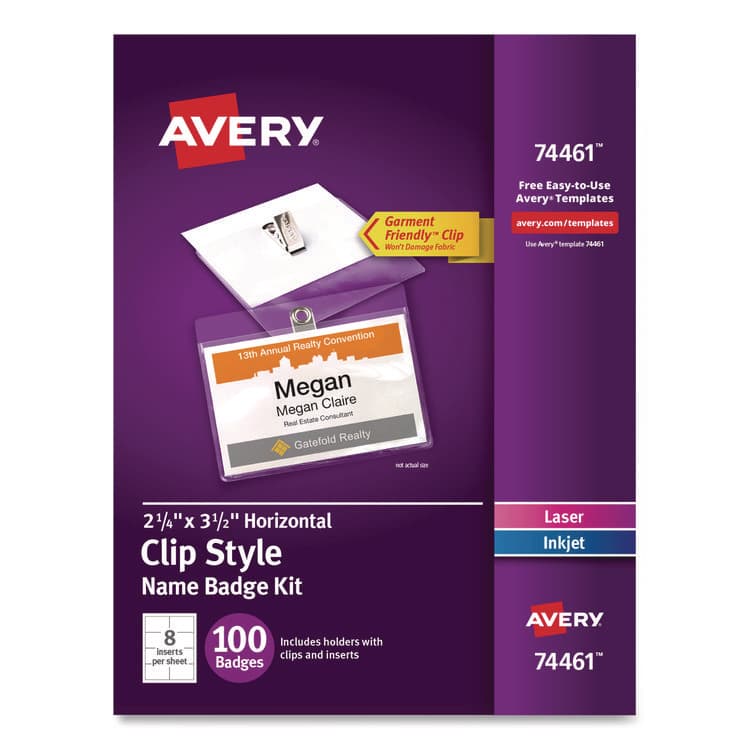 AVERY PRODUCTS CORPORATION Clip-Style Badge Holder with Laser/Inkjet Insert, Top Load, 3.5 x 2.25, White, 100/Box (AVE74461)