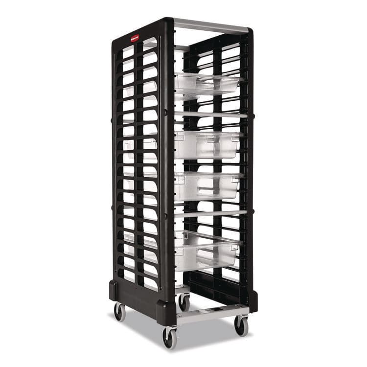 RUBBERMAID COMMERCIAL PROD. End Loader Rack for Food Boxes and Sheet Pans, 18 Rack, Plastic, 23.75" x 28.75" x 67.88", Black (RCPFG332000BLA)