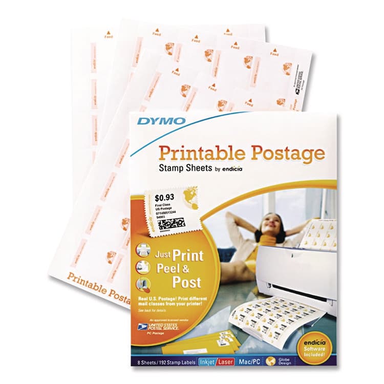 DYMO Printable Postage Stamp Sheets, White, 24 Labels/Sheet, 8 Sheets, 192 Labels/Pack (DYM1750042)