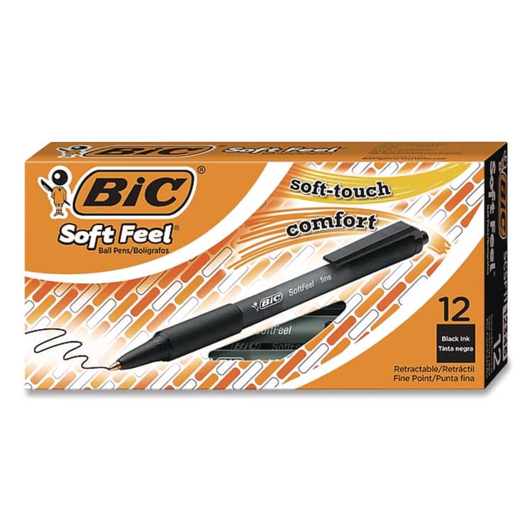 BIC CORP. Soft Feel Ballpoint Pen, Retractable, Fine 0.8 mm, Black Ink, Black Barrel, Dozen (BICSCSF11BK)