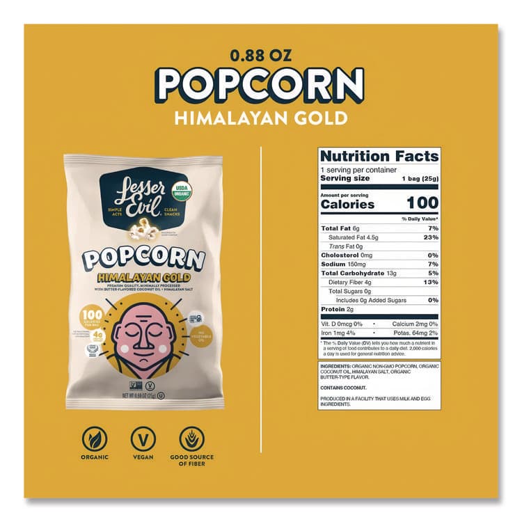 LESSEREVIL Snack Organic Himalayan Gold Popcorn, 0.88 oz Bag, 18/Carton (LSULSN00691) thumbnail 3