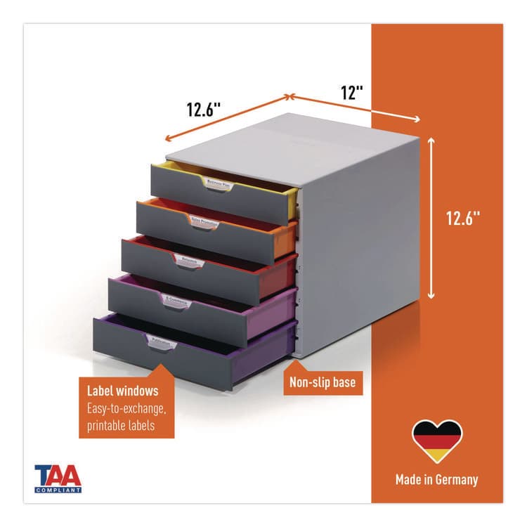 DURABLE OFFICE PRODUCTS CORP. VARICOLOR Stackable Plastic Drawer Box, 5 Drawers, Letter to Folio Size Files, 11.5" x 14" x 11", Gray (DBL760527) thumbnail 2