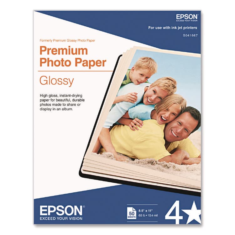 EPSON AMERICA, . Premium Photo Paper, 10.4 mil, 8.5 x 11, High-Gloss White, 50/Pack (EPSS041667)