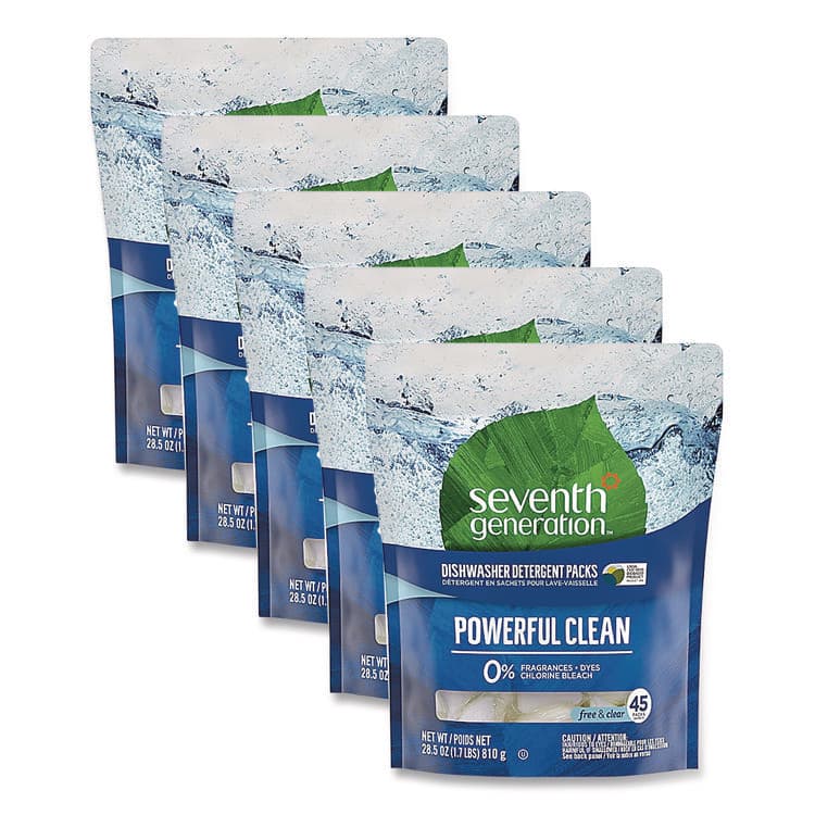 SEVENTH GENERATION Natural Automatic Dishwasher Detergent Packs, Free and Clear, 45 Powder Packets/Box, 5 Boxes/Carton (SEV45180CT)
