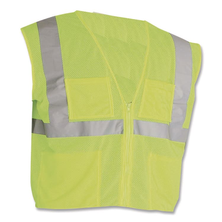 PROTECTIVE INDUSTRIAL PRODUCTS ANSI Class 2 Four Pocket Zipper Safety Vest, Polyester Mesh, Large, Hi-Viz Lime Yellow (PID302MVGZ4PLYL)