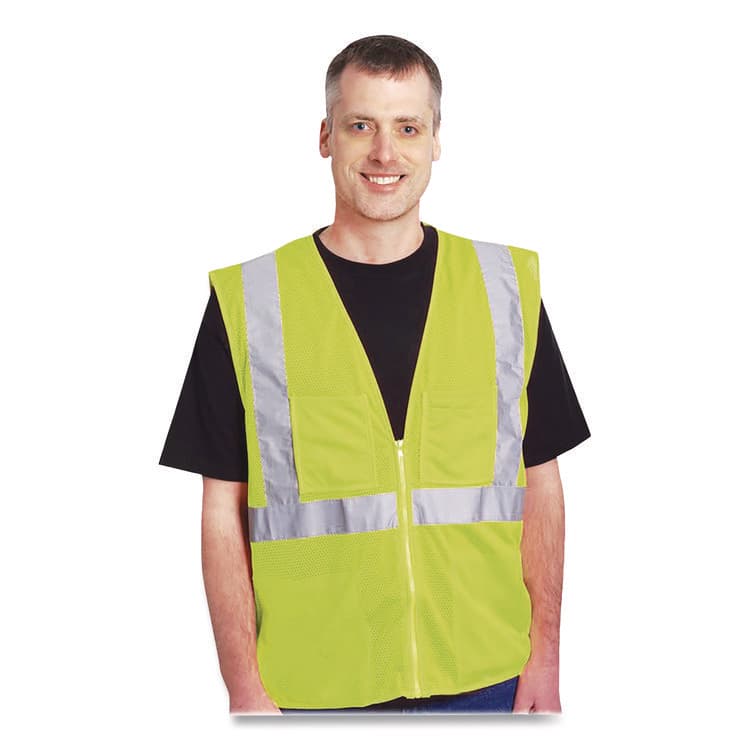 PROTECTIVE INDUSTRIAL PRODUCTS ANSI Class 2 Two-Pocket Zipper Mesh Safety Vest, 2X-Large, Hi-Viz Lime Yellow (PID3020702ZLY2X) thumbnail 3