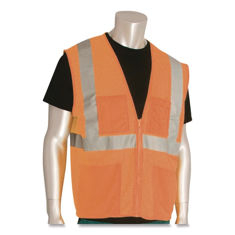 PROTECTIVE INDUSTRIAL PRODUCTS ANSI Class 2 Four Pocket Zipper Safety Vest, Polyester Mesh, Large, Hi-Viz Orange (PID302MVGZ4PORL) thumbnail 2