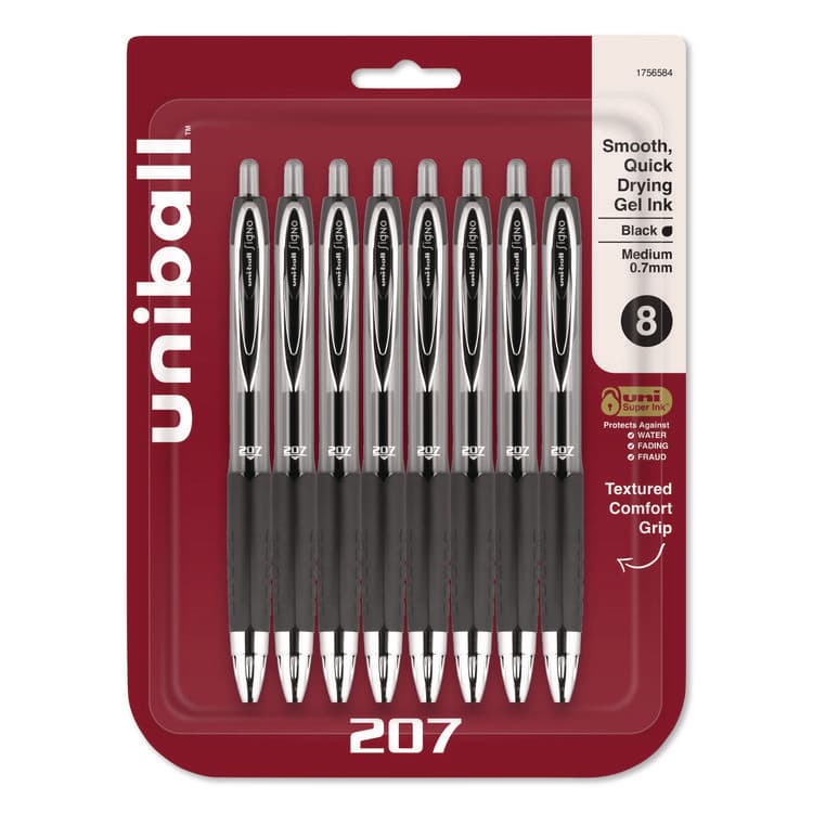 UNI Signo 207 Gel Pen, Retractable, Medium 0.7 mm, Black Ink, Clear/Black Barrel, 8/Pack (UBC1756584)