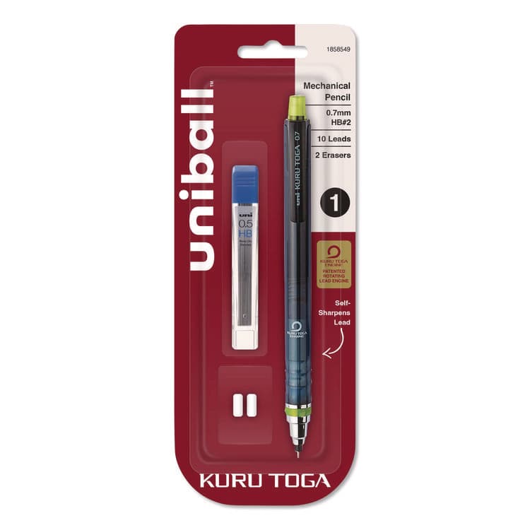 UNI KuruToga Mechanical Pencil with Tube of Diamond Lead, 0.7 mm, HB (#2), Black Lead, Black/Green Barrel (UBC1858549)