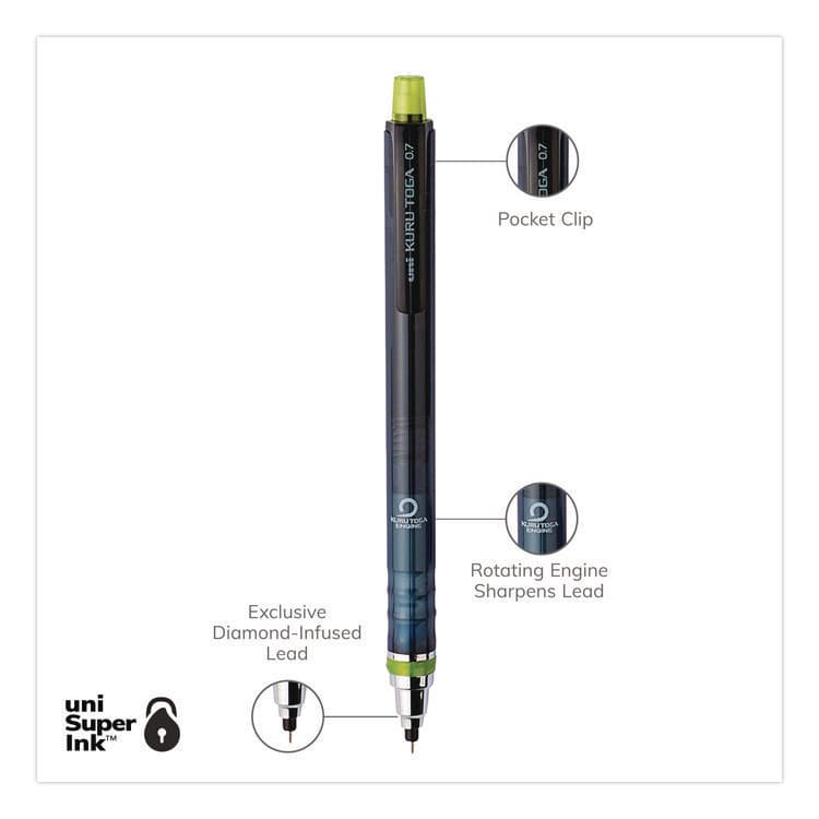 UNI KuruToga Mechanical Pencil with Tube of Diamond Lead, 0.7 mm, HB (#2), Black Lead, Black/Green Barrel (UBC1858549) thumbnail 4