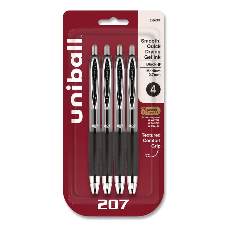 UNI Signo 207 Gel Pen, Retractable, Medium 0.7 mm, Black Ink, Smoke/Black Barrel, 4/Pack (UBC33960PP)