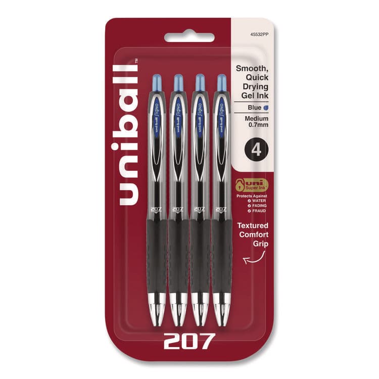 UNI Signo 207 Gel Pen, Retractable, Medium 0.7 mm, Blue Ink, Smoke/Black/Blue Barrel, 4/Pack (UBC45532PP)