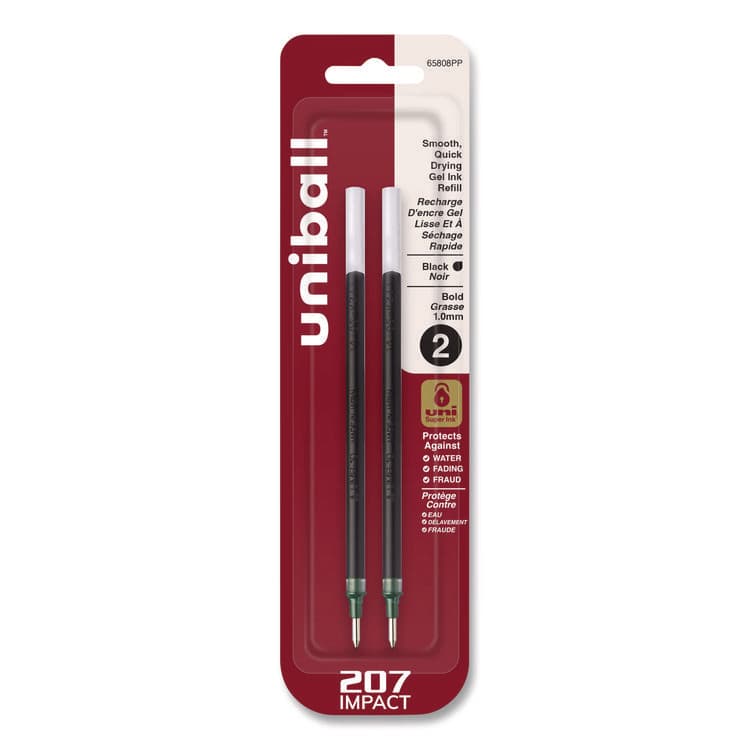 UNI 207 Impact Gel Stick Pen Refills, Bold 1 mm Conical Tip, Black Ink, 2/Pack (UBC65808)
