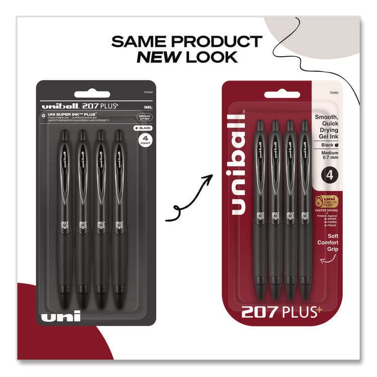 UNI 207 Plus+ Gel Pen, Retractable, Medium 0.7 mm, Black Ink, Black Barrel, 4/Pack (UBC70460) thumbnail 3
