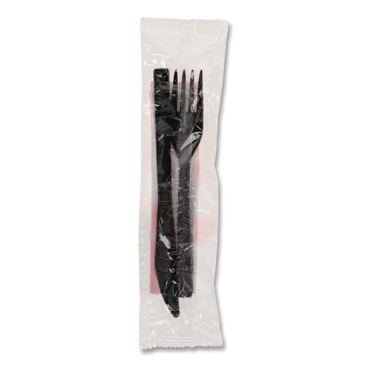 PACTIV EVERGREEN CORPORATION Gardenware Cutlery Kit, Individually Wrapped, Heavyweight, Fork/Knife/Napkin, Plastic, Black, 500/Carton (PCTGKFKNECH)