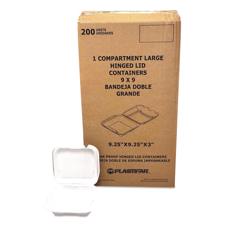 PLASTIFAR SA Foam Hinged Lid Containers, 9 x 9 x 3, White, Foam, 200/Carton (PST12084)