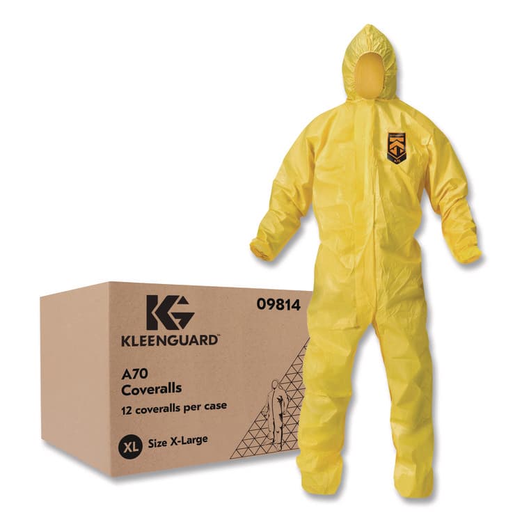 KIMBERLY-CLARK PROFESSIONAL A70 Chemical Spray Protection Coveralls, Elastic Wrists, Ankles, Hood, XL, Yellow, 12/Carton (ANS09814)