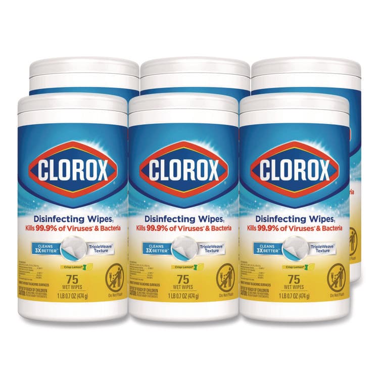 CLOROX SALES CO. Disinfecting Wipes, Bleach Free Cleaning Wipes, 1-Ply, 7 x 7.75, Crisp Lemon, White, 75/Canister, 6 Canisters/Carton (CLO01628)