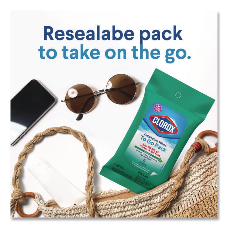 CLOROX SALES CO. Disinfecting Wipes, On the Go Bleach Free Travel Wipes, 1-Ply, 6.53 x 2.79, Fresh Scent, White, 9/Pack, 24 Packs/Carton (CLO60133) thumbnail 3