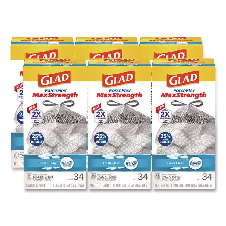 CLOROX SALES CO. ForceFlex MaxStrength Tall Kitchen Drawstring Trash Bags, 13 gal, Fresh Clean Scent, 24 x 28, White, 34/Box, 6 Boxes/Carton (CLO70320)
