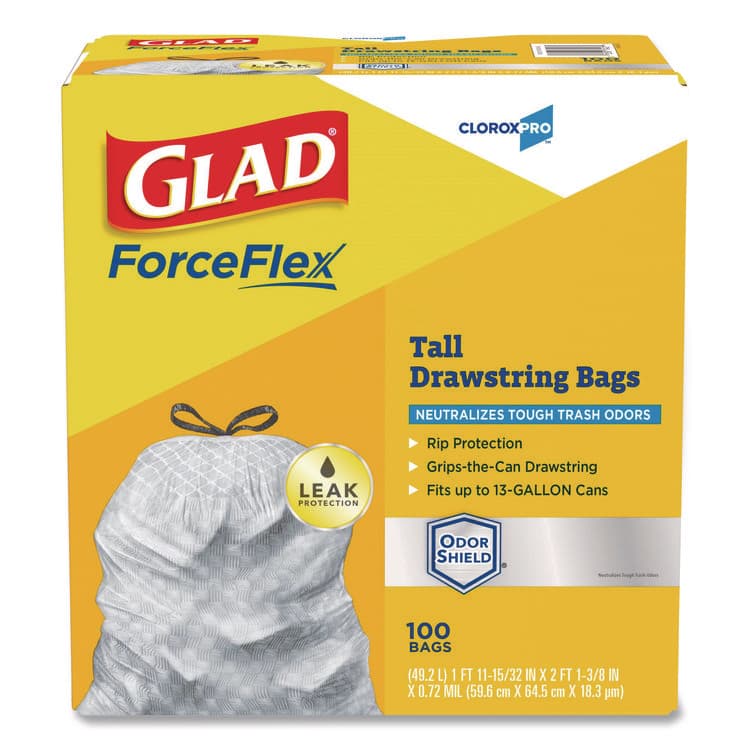 CLOROX SALES CO. CloroxPro ForceFlex Tall Kitchen Drawstring Trash Bags, 13 gal, 23.75 x 24.88, Gray, 100/Box (CLO70427)