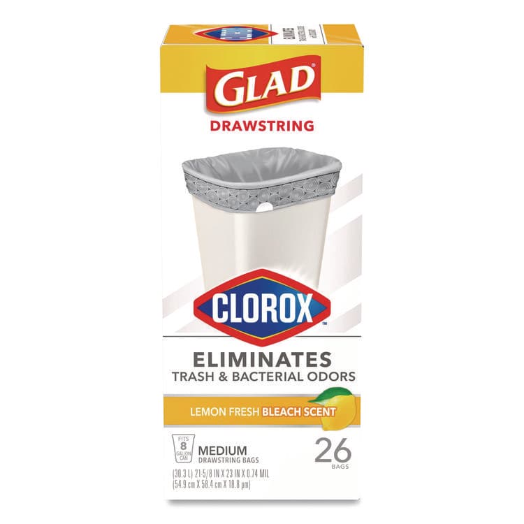 CLOROX SALES CO. Medium Drawstring Trash Bags with Clorox, 8 gal, Lemon Fresh Bleach Scent, 0.74 mil, 23" x 21.63", Gray, 26/Box (CLO79316)