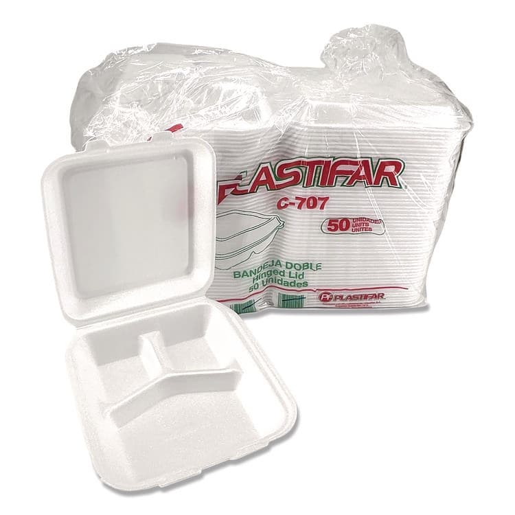 PLASTIFAR SA Foam Hinged Lid Containers, 3-Compartment, 7.56 x 8.25 x 2.38, White, Foam, 200/Carton (PST12109)