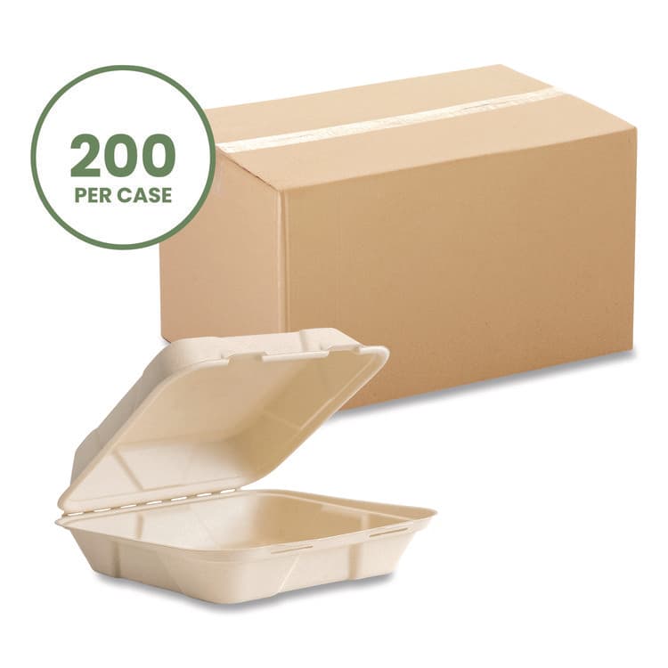 VEGWARE Nourish Molded Fiber Takeout Containers, Compostable, 9 x 9 x 3, Natural, Sugarcane, 200/Carton (VEGVWHC91NFA) thumbnail 2