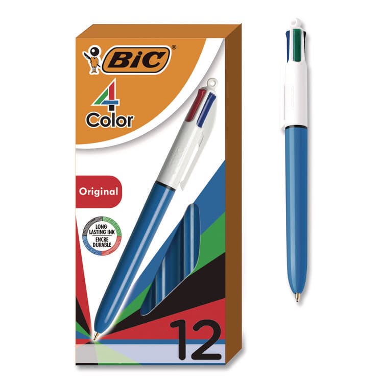 BIC CORP. 4-Color Multi-Color Ballpoint Pen, Retractable, Medium 1 mm, Black/Blue/Green/Red Ink, Blue/White Barrel, 12/Box (BICMM11AST)