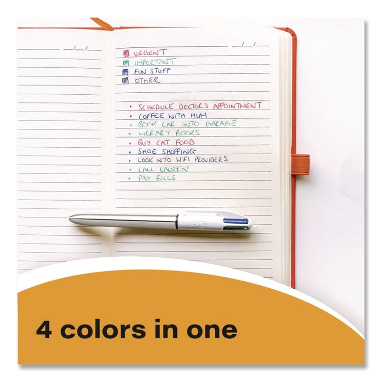 BIC CORP. 4-Color Shine Multi-Color Ballpoint Pen, Retractable, Medium 1mm, Black/Blue/Green/Red Ink, Assorted Metallic Barrels, 3/Pack (BICMMMTP31AST) thumbnail 3