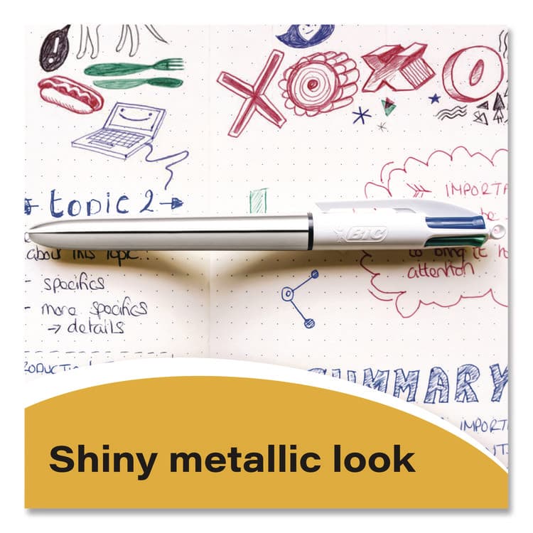 BIC CORP. 4-Color Shine Multi-Color Ballpoint Pen, Retractable, Medium 1mm, Black/Blue/Green/Red Ink, Assorted Metallic Barrels, 3/Pack (BICMMMTP31AST) thumbnail 4