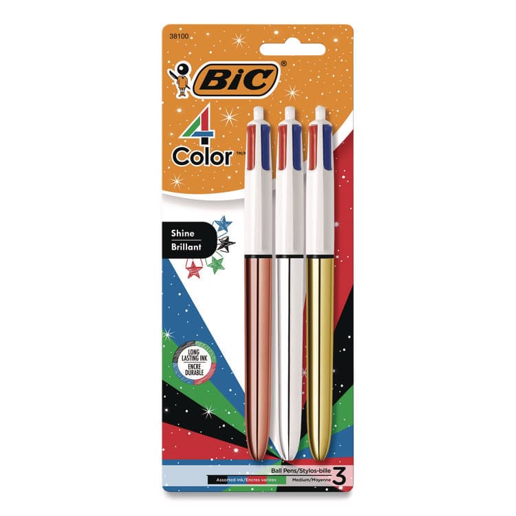 BIC CORP. 4-Color Shine Multi-Color Ballpoint Pen, Retractable, Medium 1mm, Black/Blue/Green/Red Ink, Assorted Metallic Barrels, 3/Pack (BICMMMTP31AST)