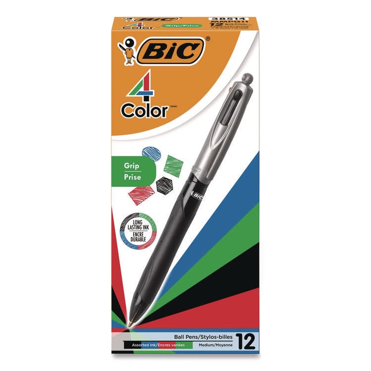BIC CORP. 4-Color Pro Grip Multi-Color Ballpoint Pen, Retractable, Medium 1 mm, Black/Blue/Green/Red Ink, Black/Gray Barrel, Dozen (BICMMPG11AST)
