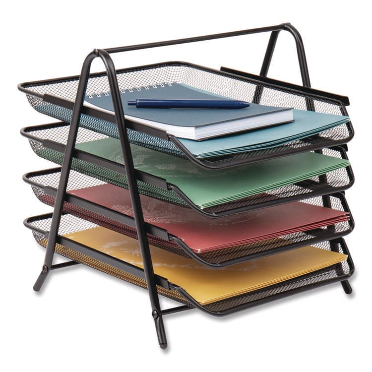 EMS MIND READER LLC Tiered Metal Mesh Desk Tray Organizer, 4-Tier, Letter Size, 13.75 x 12 x 12.5, Black (EMS4TPAPERBLK)