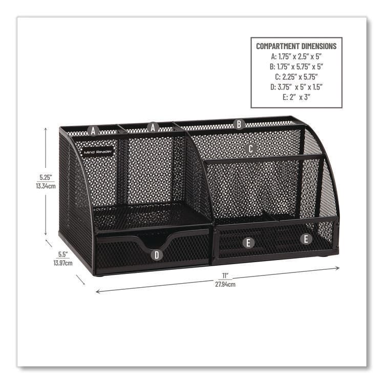 EMS MIND READER LLC 7-Compartment Metal Desk Organizer, 11 x 5.5 x 5, Black Metal Mesh (EMSJOEORGBLK) thumbnail 3