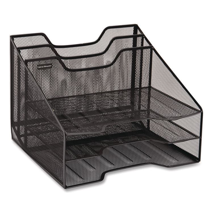 EMS MIND READER LLC Metal Mesh Vertical File Holder Paper Tray Desktop Organizer, 2-Tier/5-Compartment, Letter Size, 11.25 x 12.5 x 9.5, Black (EMSMESHBOX5BLK)