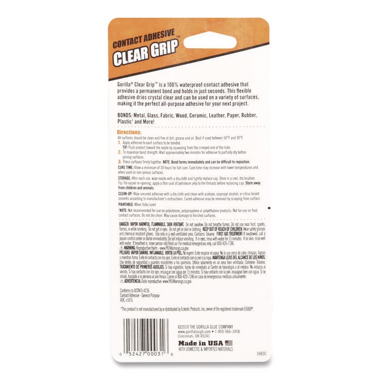 GORILLA GLUE COMPANY Clear Grip Contact Adhesive, 3 oz Tube, Dries Clear (GOR8040002) thumbnail 4