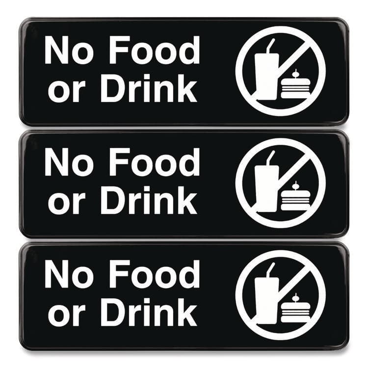 EXCELLO GLOBAL PRODUCTS No Food or Drink Wall Sign, 9" x 3", Black Face, White Graphics, 3/Pack (EXOEGPHD0267S)