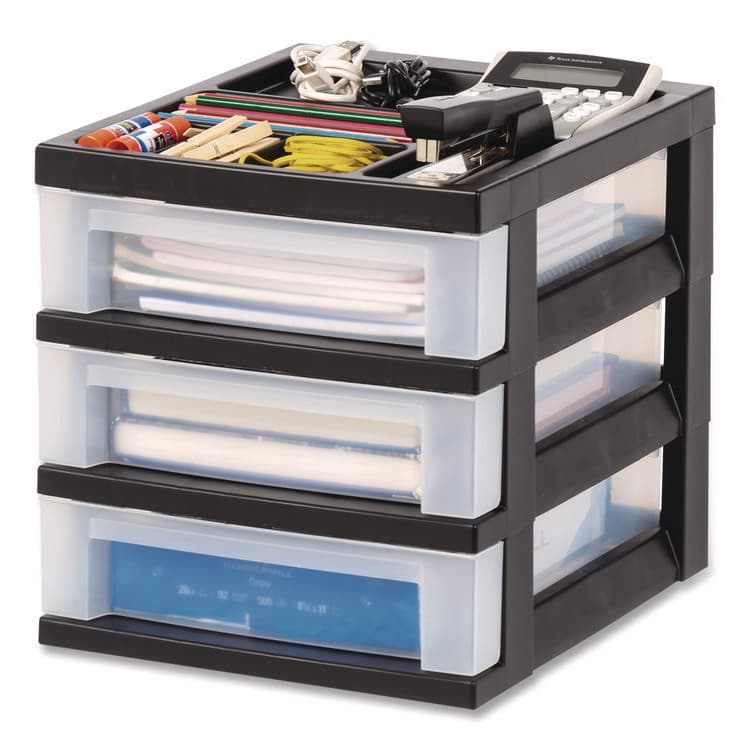 IRIS USA, 3-Drawer Desktop Storage with Top Organizer Tray, Plastic, 12.17 x 14.33 x 12.93, Black/Translucent (IRS116351) thumbnail 2