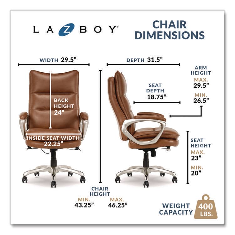 LA-Z-BOY CHAIR COMPANY Jenkins Executive Big and Tall Chair, Supports Up to 400 lb, 20" to 23" Seat Height, Brown Seat/Back, Silver/Black Base (LZB60075CAM) thumbnail 3